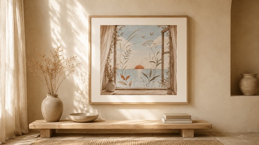 BETISA SOLARA I archive illustration framed and hanging in a sunlit minimal interior