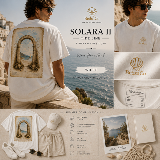 SOLARA II Tide Line organic cotton oversized tee in white — BETISA editorial campaign image