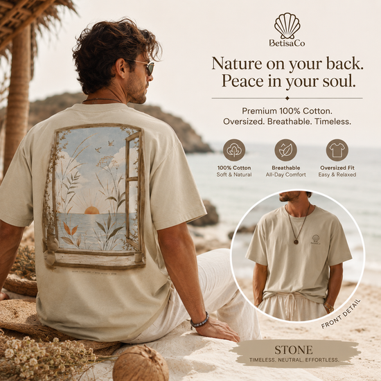 SOLARA I First Light oversized tee detail - fine-line botanical illustration on organic cotton