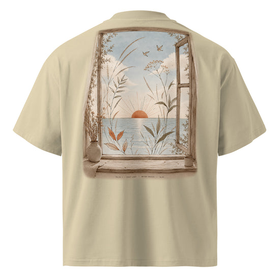 SOLARA I First Light organic oversized tee in stone, back view with artwork