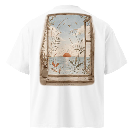 SOLARA I First Light organic oversized tee in white, back view with artwork